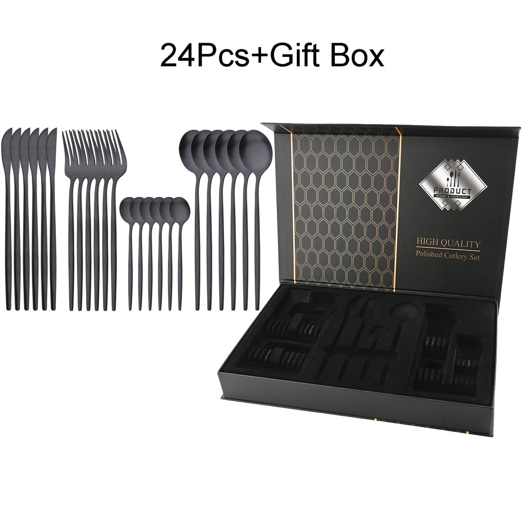24-teiliges Luxus-Geschirrset aus schwarzem Gold, Messer, Gabel, Löffel, Besteckset mit Geschenkbox, Edelstahl-Geschirrset, Küchenbesteck, spülmaschinenfest