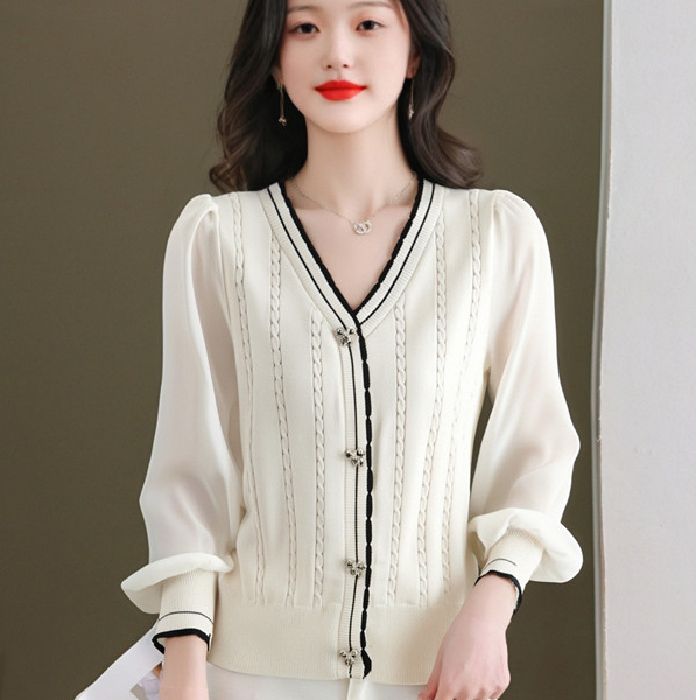 V-neck Patchwork Women's Short, Stylish, Thin Long-sleeved Top
