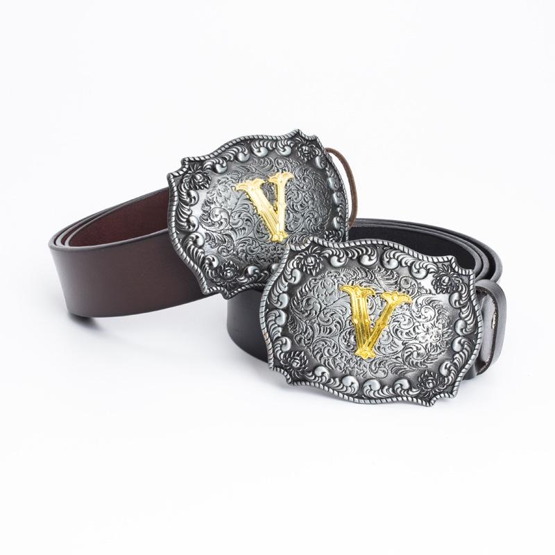 Western Cowboy Zinc Alloy Buckle Cowhide Patterned Elastic Belt for Men - Retro Knight Style