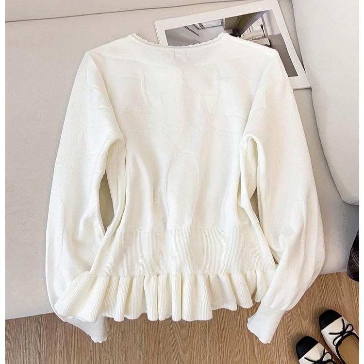 Autumn Winter Women's Knit Pullover with Waist Tie and Flounce Design Casual Sweet Sweater