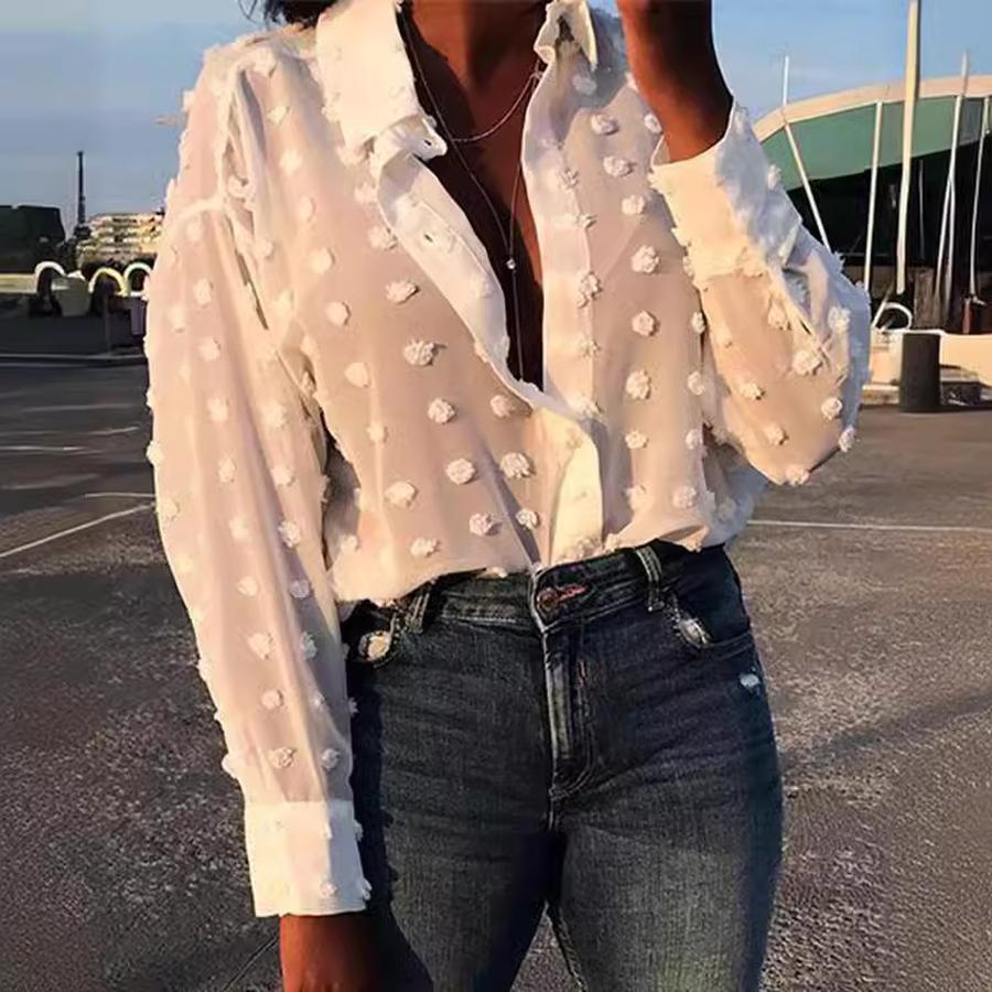 Women's Wish New Round Dot Long Sleeve Button-Down Shirt Top