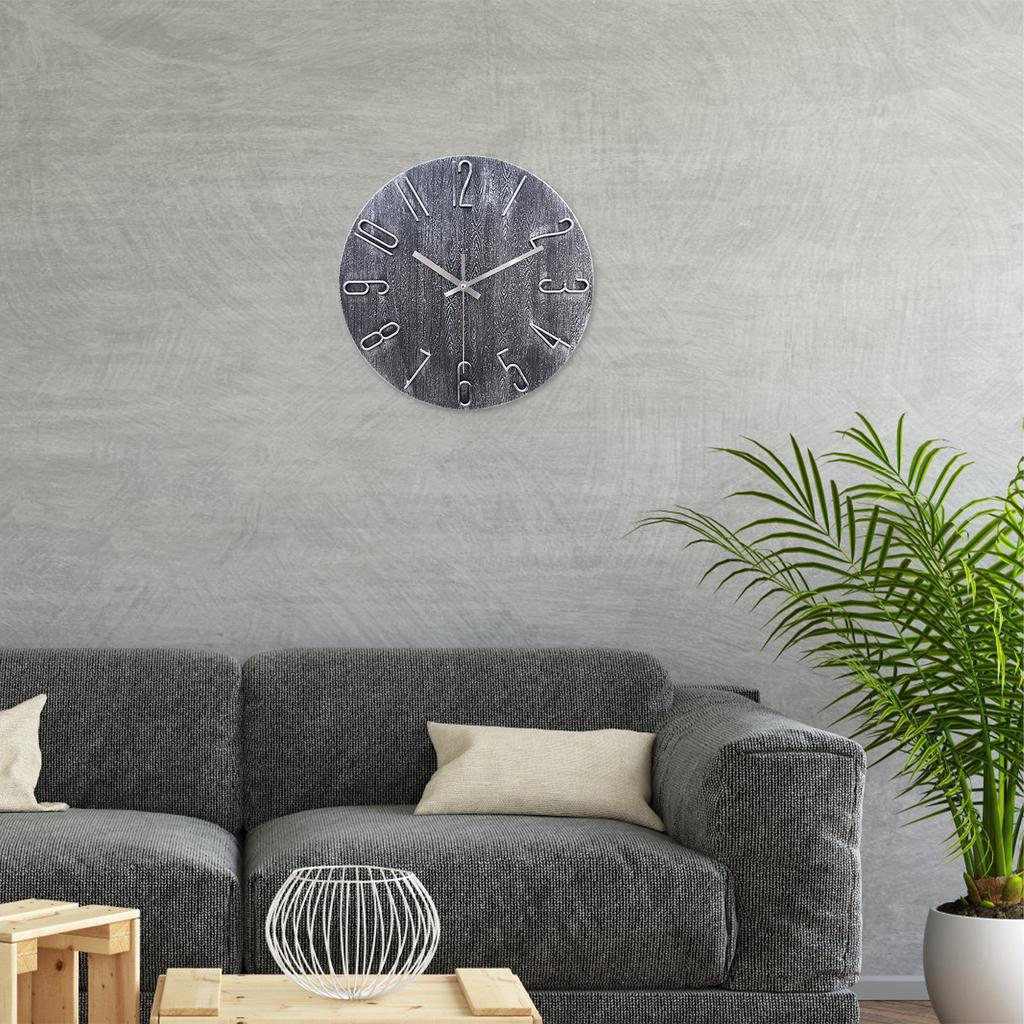 12inch Retro Gray Wall Clock with Silver 3D Numbers, Silent Non-Ticking Quartz Decorative Clock, Rustic Wood Grain Creative Hollow Round Wall