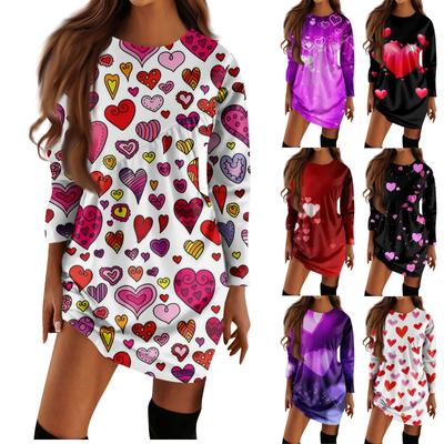 Lässiges Damen-T-Shirt-Kleid mit Valentinstags-Print, langen Ärmeln, unregelmäßigem Plissee und Rundhalsausschnitt