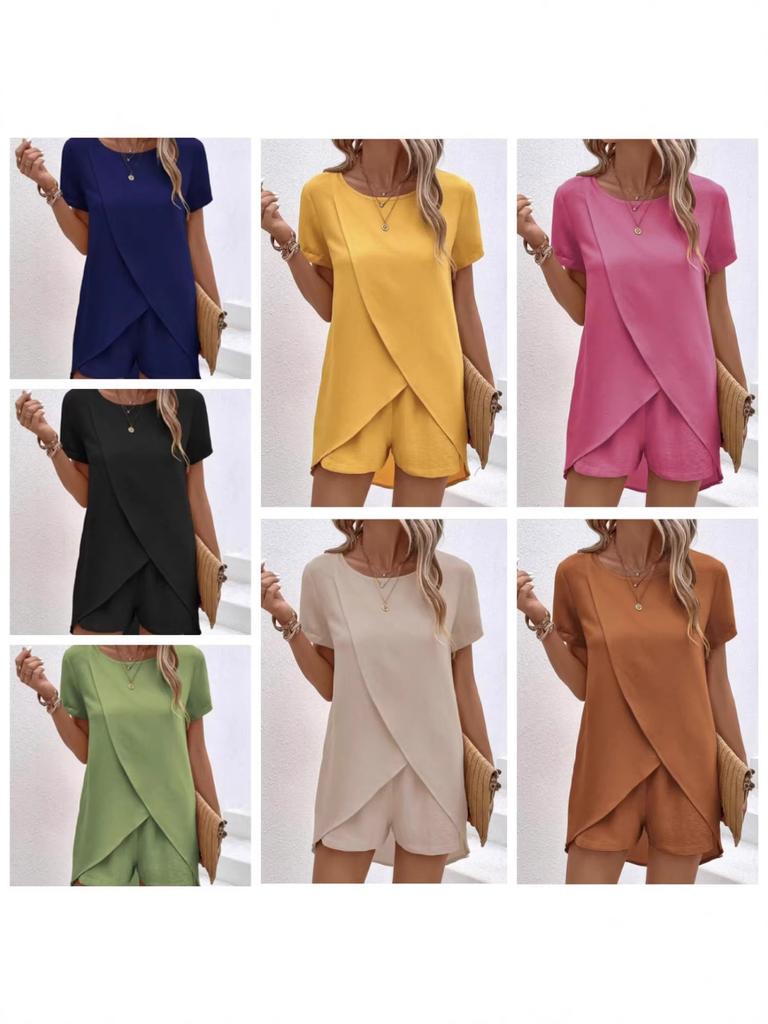 2026 Spring Summer Women's 2 Piece Set Irregular Top & Shorts Solid Color Casual Outfit