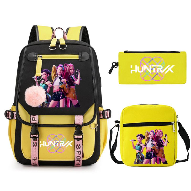 Kpop Trend Backpack Large Capacity Student School Bag Three-Piece Pencil Case Casual Shoulder Bag