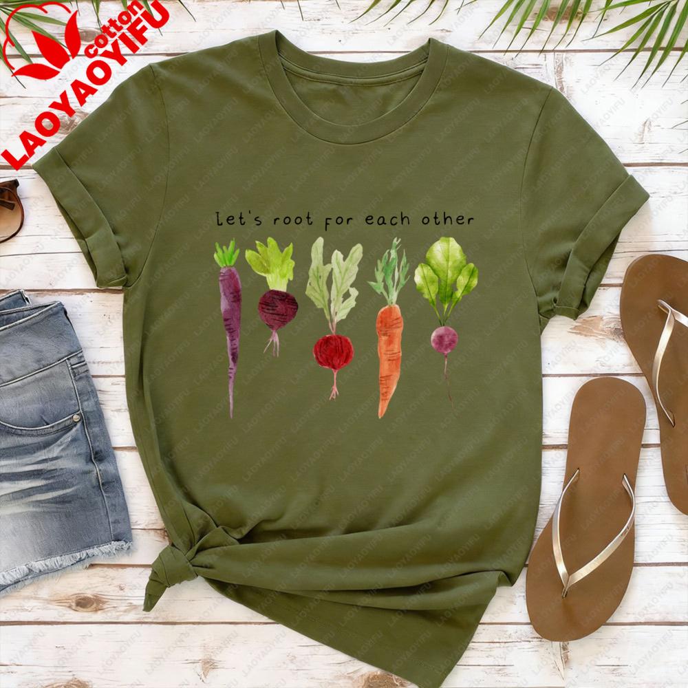 

Root Vegetables Lets Root for Each Other Women TShirt Cotton Short Sleeve Vegetables Club Casual Fashion Summer Tops 4XL