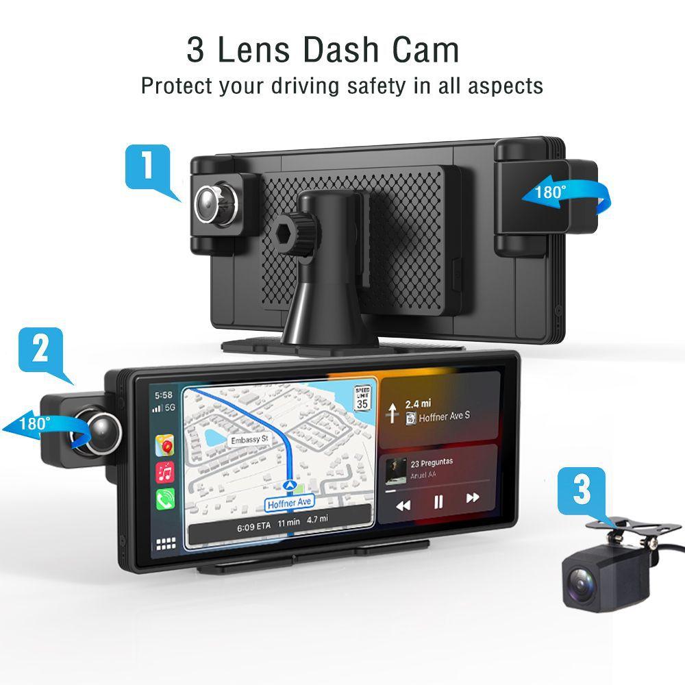 3-lens Dashcam, 10.26" HD Wireless CarPlay Car Navigation GPS.