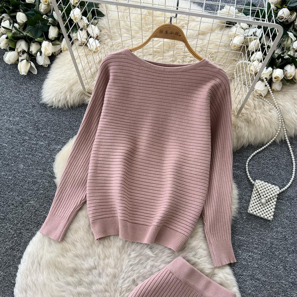 Korean Fashionable Sweater Two Piece Set Woemn's Batwing Sleeve Pullover Jumper Knit Top and High Waist Midi Skirt Sets Casual Knitted 2 Piece Sets