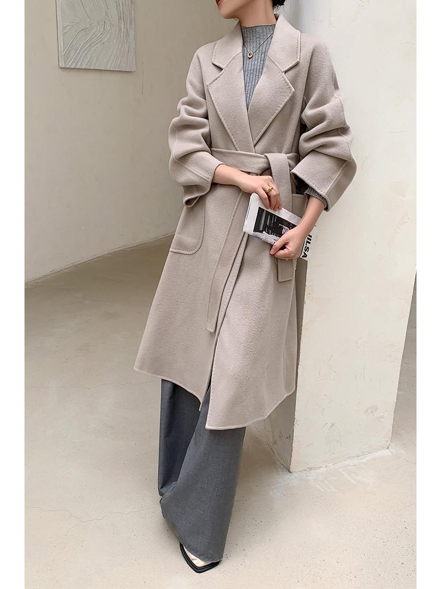 

Пальто из кашемировой шерсти средней длины для миниатюрных женщин с поясом - Корейский стиль, Универсальное и простое, Коллекция 2024 года. S бежевый