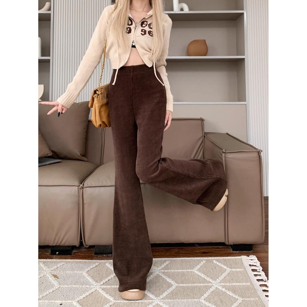 Fall Winter Vintage Corduroy Flare Pants Women Casual High Waist Korean Trousers Female Simple Design Solid Pants