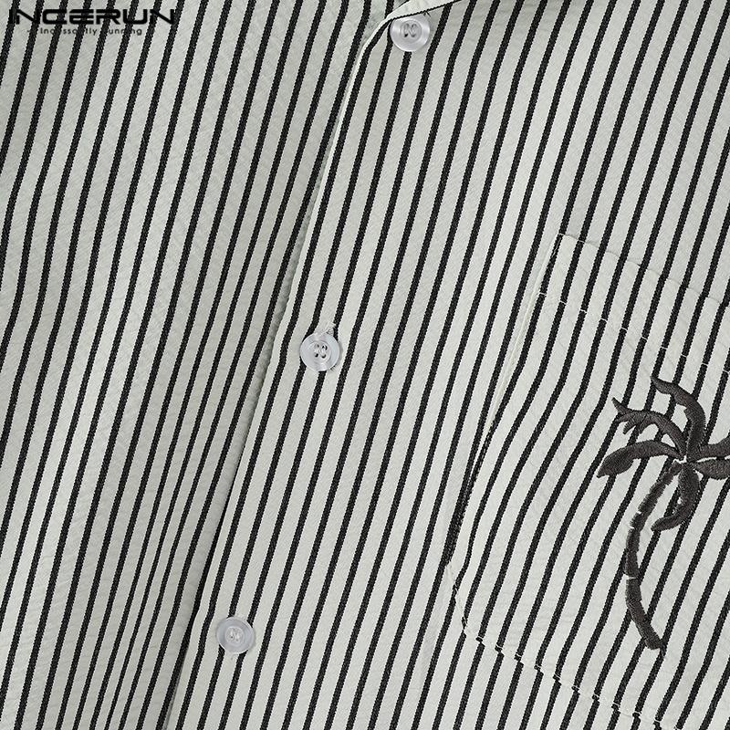 INCERUN Herren Reverskragen Kurzarm Gestreifter Druck Lässige Übergroße Hemden