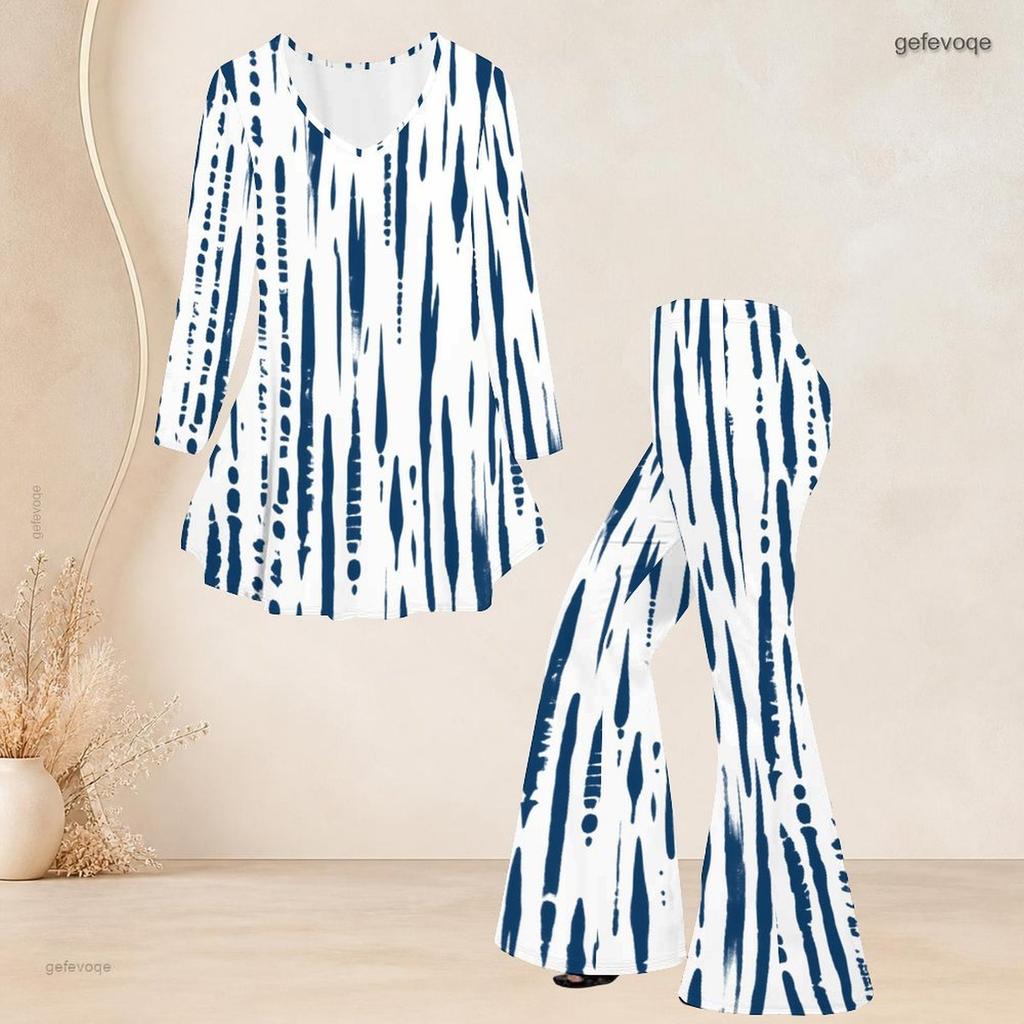 Women Plus Size White Navy Blue Printed V Neck Three Quarter Sleeve Flared Top Flared Pants Two Piece Set