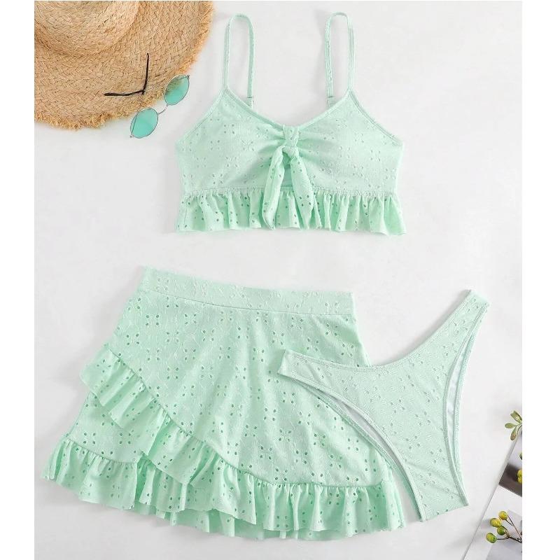 

2024 3 упаковки купальников женский купальник-бикини с пляжной юбкой купальный костюм с узлом пляжная одежда с рюшами комплект бикини из двух предметов Biquini XL светло-зеленый