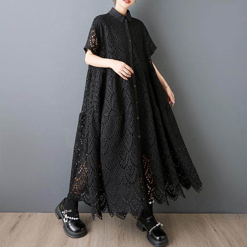 Heavy-Embroidered Lace Shirt Dress Fashionable Loose-Fitting Casual Maxi Dress