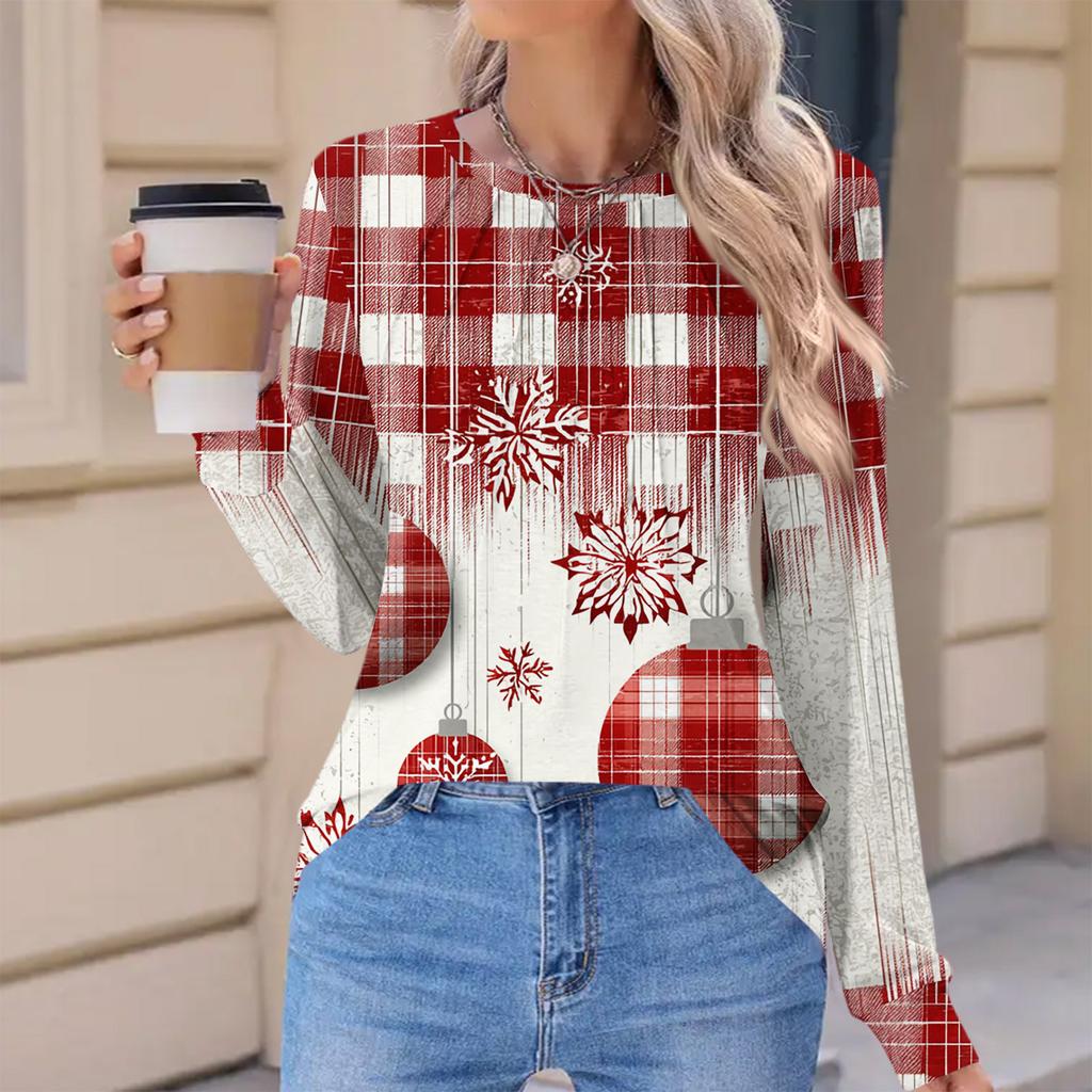 Women's Fashionable Casual Christmas Printed Pleated Comfortable Round Neck Loose Long Sleeve T-Shirt Top