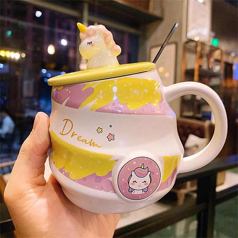 Ceramic Unicorn Mug - Rainbow Spiral Coffee Cup with Lid & Spoon, Cute for Girls