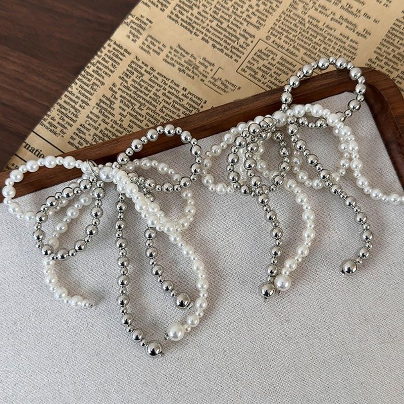 Fashionable Pearls and Silver Bead Butterfly Bowknot Pendant Portable Accessory for Parties Supplies and Office Wear