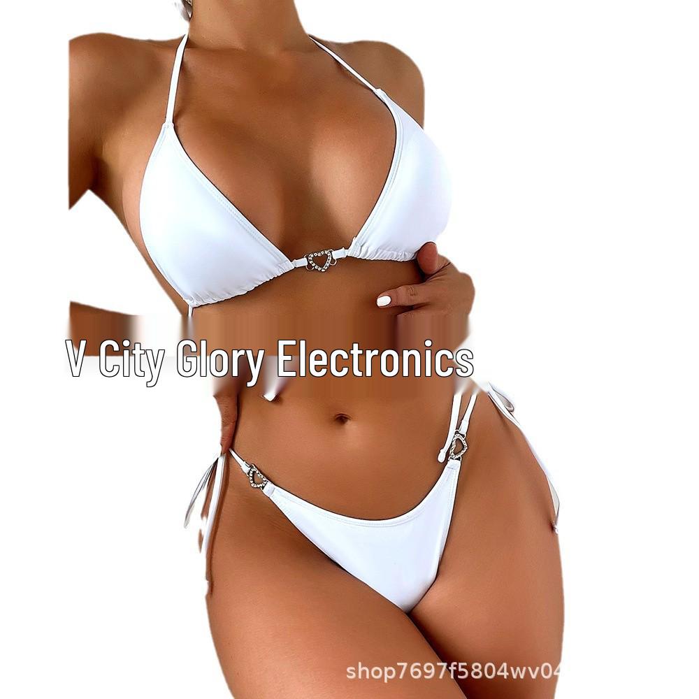 2024 European & American Sexy Solid Color Tie-Up Bikini Swimsuit - Women's Split Swimwear