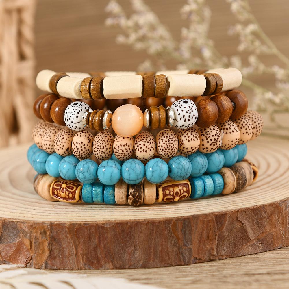 

Элегантный бирюзовый браслет в стиле бохо для женщин, многослойный комплект украшений из натурального камня и дерева для мужчин, праздничные украшения Five-piece wooden bead bracelet