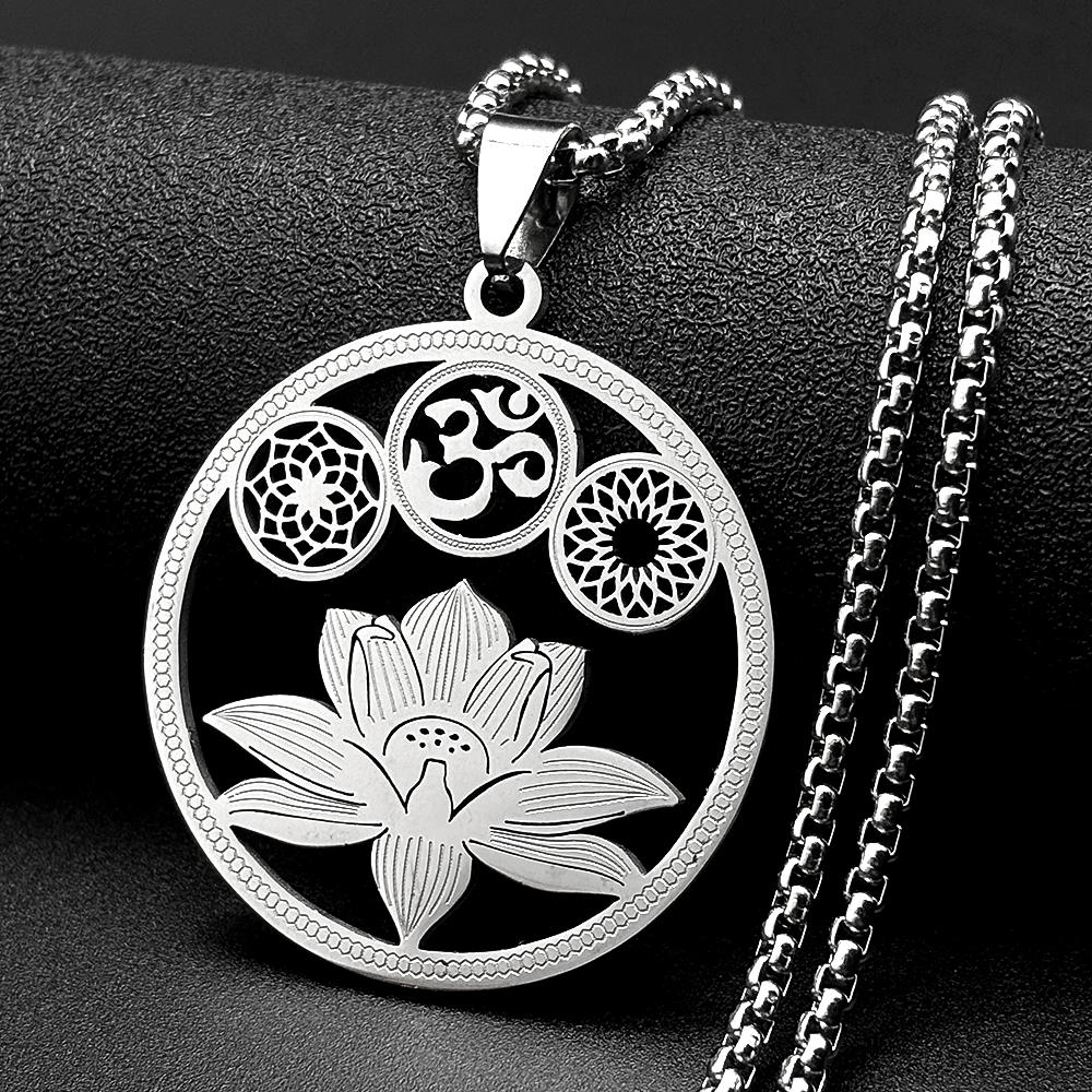 Lotus Flower OM Symbol Hindu Buddhist Mandala Necklace for Women Stainless Steel Gold Silver Color Dreamcatcher Chain Jewelry