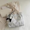 Women's Large Capacity Embroidery Flower Tote Bag, Casual Commuter Shoulder Bag with Ribbon Scarf Decoration