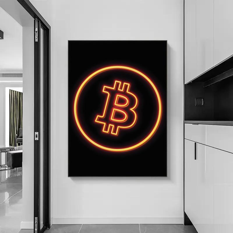Moderne Neon-Effekt Bitcoin Ethereum ETH BTC Poster Drucke Virtuelles Münzzeichen Leinwandmalerei Wandkunst Bild für Zimmer Heimdekor