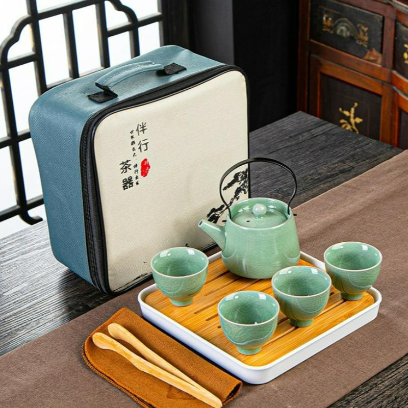 Čínská Keramická Čajová Sada Kung Fu Cestovní Přenosná 1 Konvička 4 Šálky Čajová Sada Čajová Konvička Čajovar Sítko Čajový Šálek Šálek Čajové Nádobí Dárková Krabička Nová