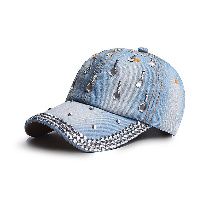 

Denim Baseball Cap Women Rhinestone Droplets Cowboy Snapback Spring Summer Sunshade Sun Hat Lady Korean Casual Cap Blue 55-58cm