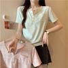Pink Striped Color Buckle V-neck Front Shoulder Short-sleeved T-shirt Women's Summer Large Size Fat Mm Shirt Dopamine Top