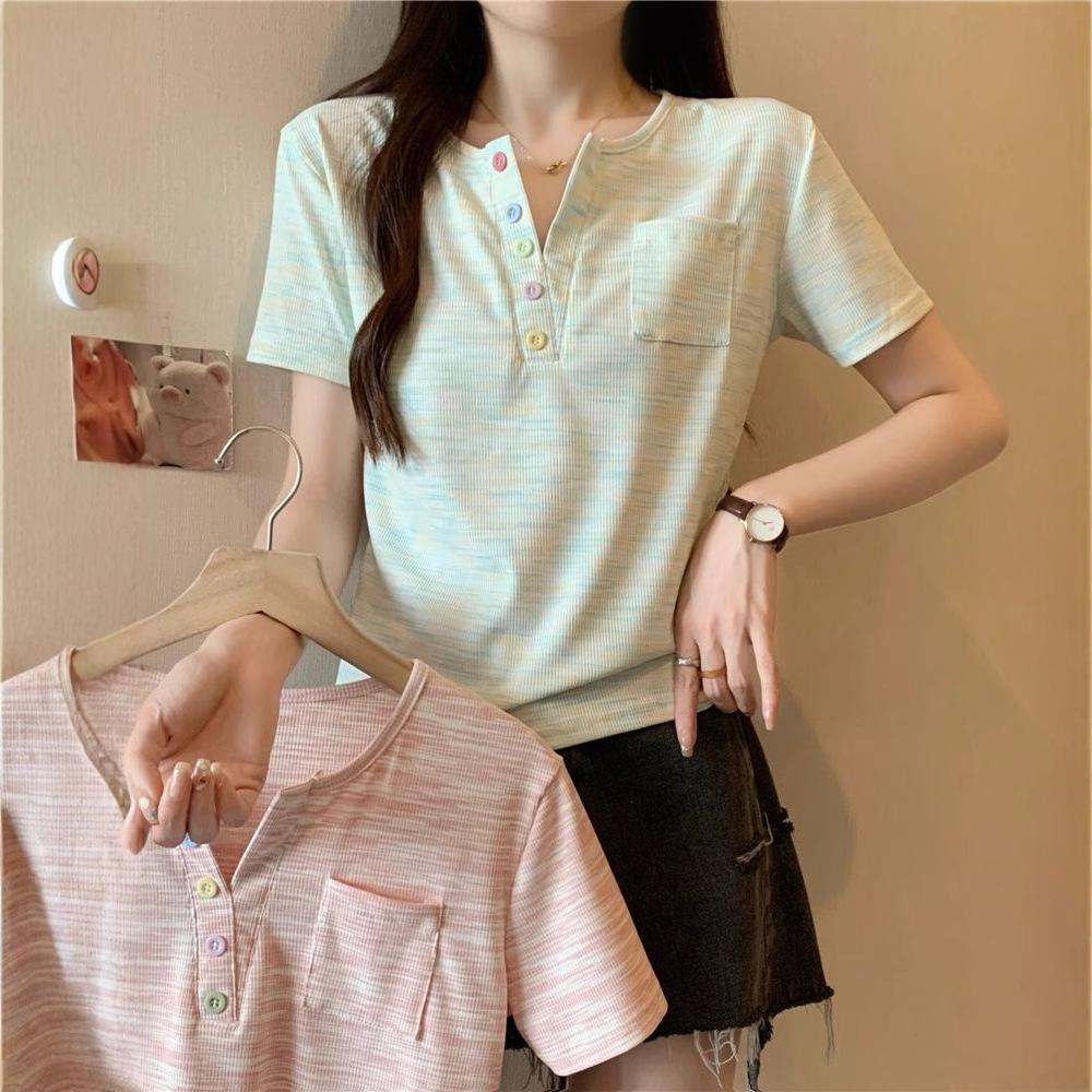Pink Striped Color Buckle V-neck Front Shoulder Short-sleeved T-shirt Women's Summer Large Size Fat Mm Shirt Dopamine Top