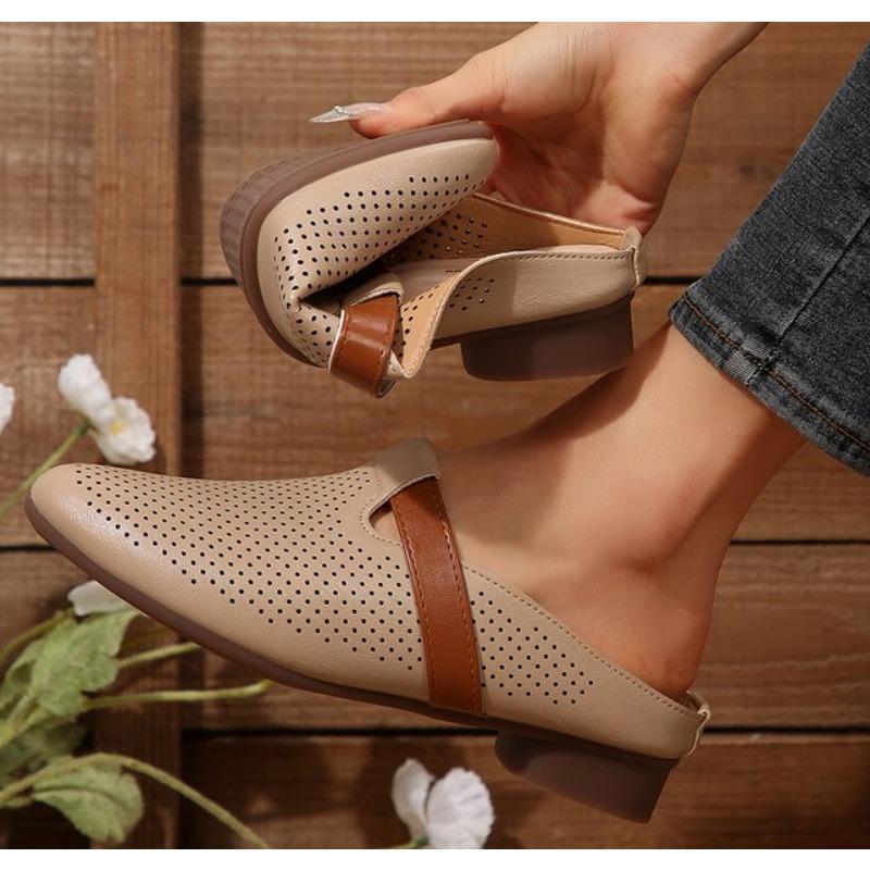 Fashion New Soft and Comfortable Leather Mid Heels Slides Women Slippers Hollow Out Summer Shoes Slip On Close Round Toe Flats Slippers