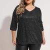 Women's Loose Large Size Solid Color Sequined V-Neck Three-quarter Sleeve T-Shirt Top