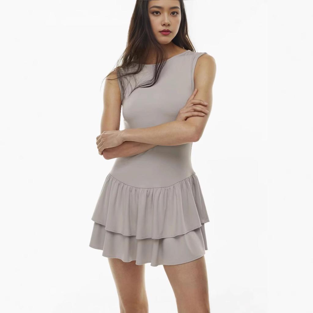 Women's Fashion Summer Spring Solid Color Print Sleeveless O-Neck Loose Waistline Casual Dresses