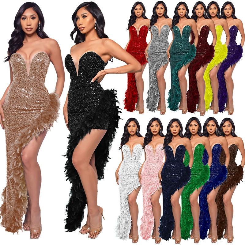 Women's Dress Long Haute Couture Strapless Backless Sequin Dress Feather Patchwork Gown
