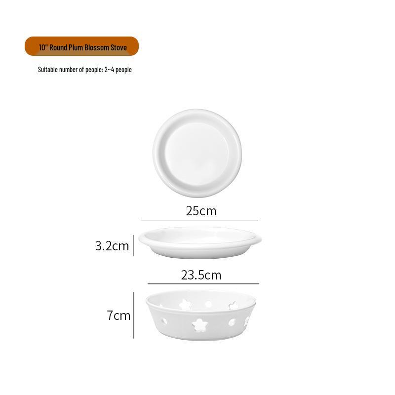 Ceramic Egg-Shaped Plum Blossom Grilled Fish and Warming Plate with White Round Heating Dry Pot Stove.