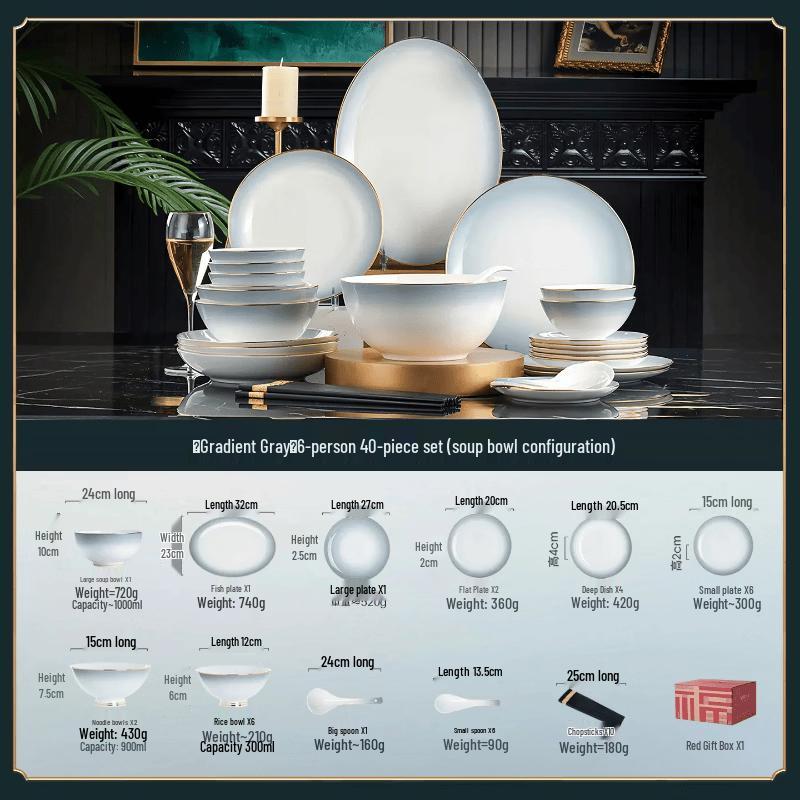 Naijiang Gradient Grey Bone China Dinnerware Set 6-Person, 40-Piece