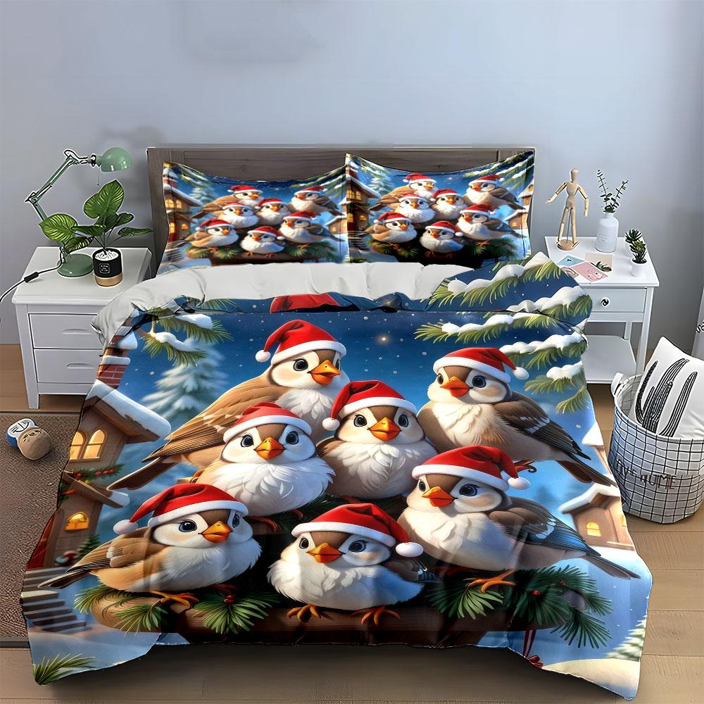 Christmas Birds in Santa Hats Bedding Duvet Cover Set  (1*Duvet Cover 2*Pillowcases, without duvet insert)