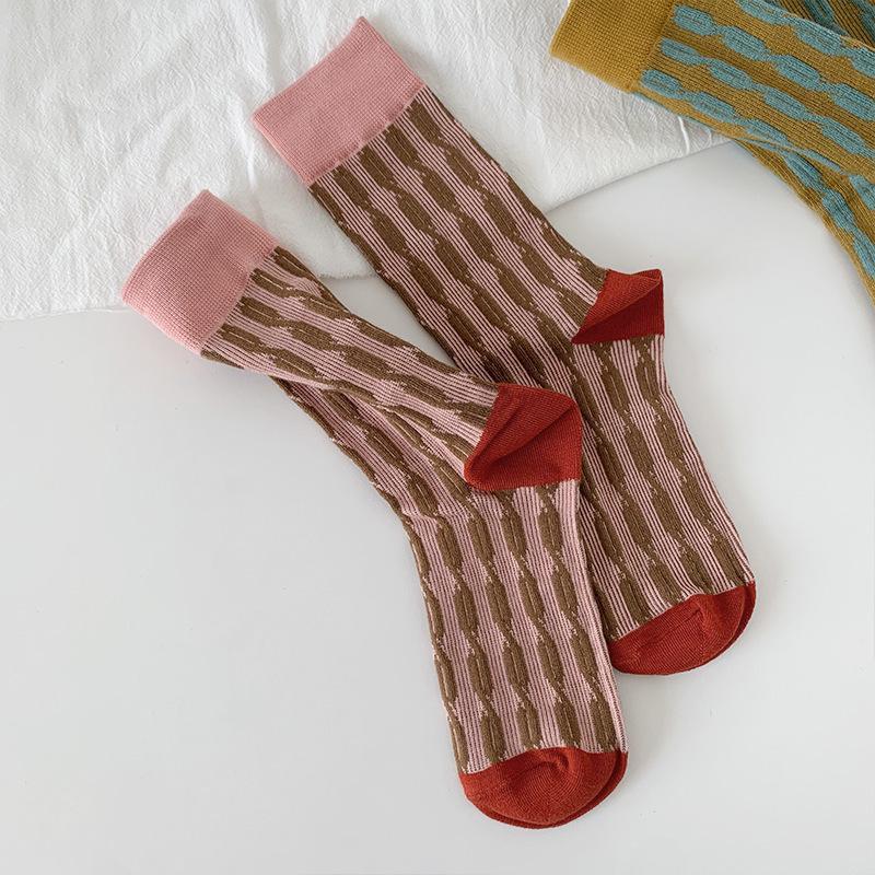 Socks Women'S Contrasting Color Trendy Socks Double Needle Pure Cotton Medium Tube Socks Drawing Casual Versatile Socks