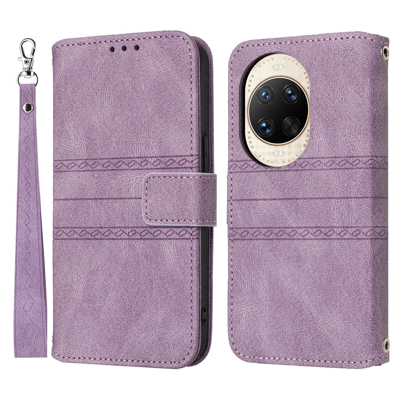 

Для Huawei nova 14 Ultra 5G Чехол-кошелек из кожи с тиснением, чехол для телефона с ремешком на запястье Purple