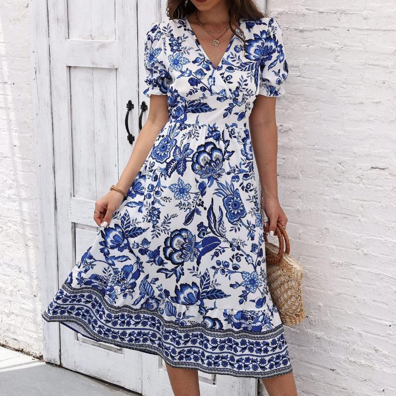 Summer Women s Fashionable and Casual Printed Puff Sleeve Dress S