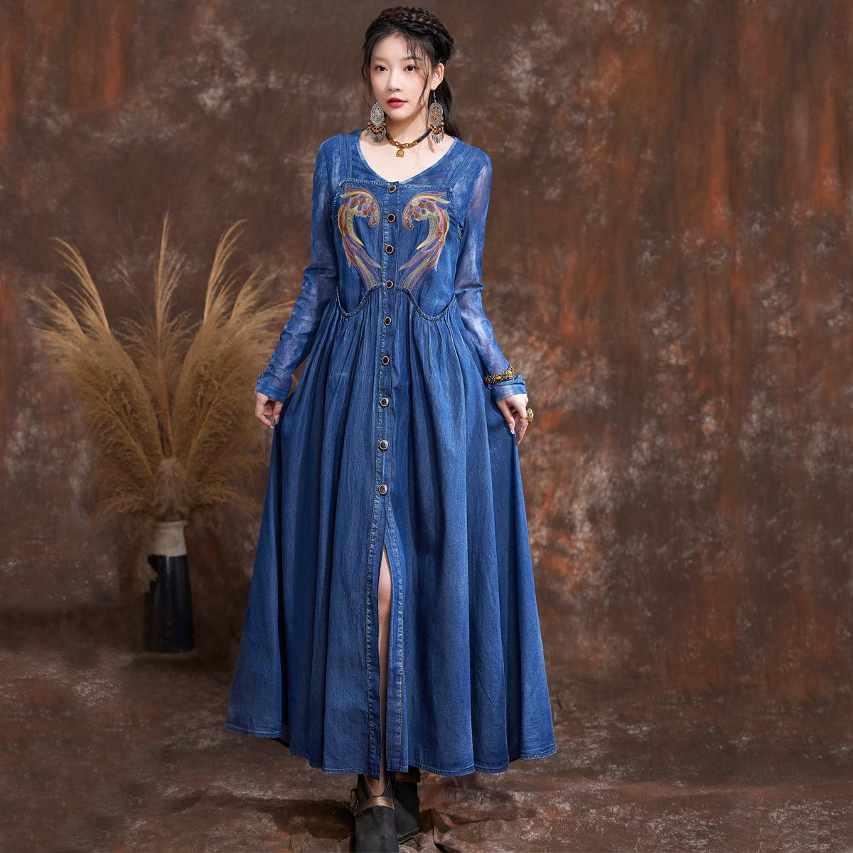 

Johnature летнее женское винтажное платье с вышивкой, однотонное однобортное платье с подтяжками для выращивания L синий