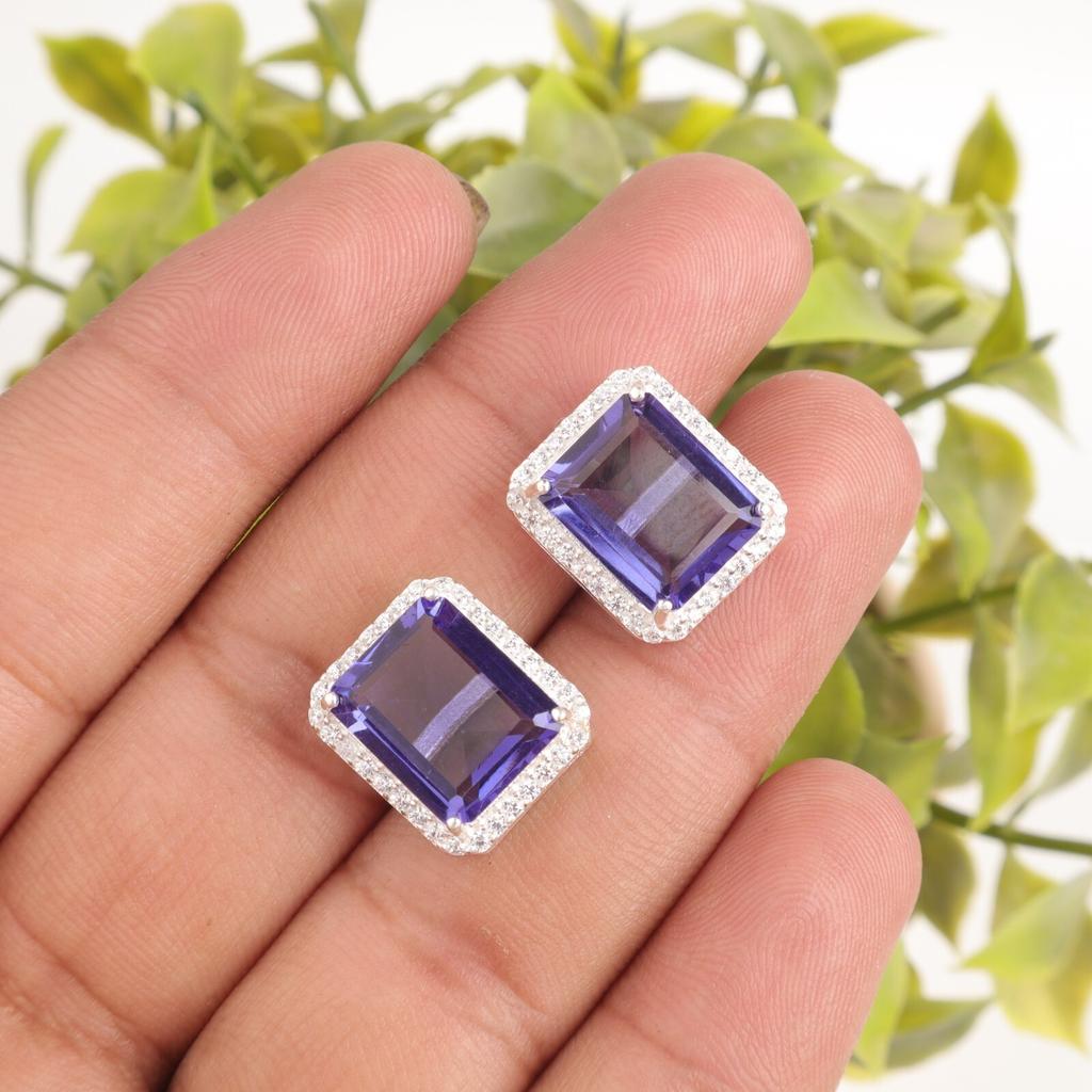 Iolite Gemstone 925 Solid Silver Jewelry Zircon Earrings 0.57" Anniversary Gift CZE-6-5