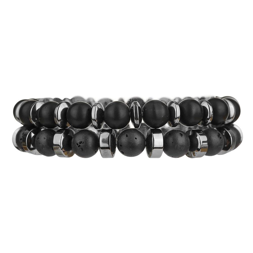 Neu Matt Schwarze Perle Vulkangestein Herren Armband Set Doppellagig Naturstein Perlenarmbänder Geschenke