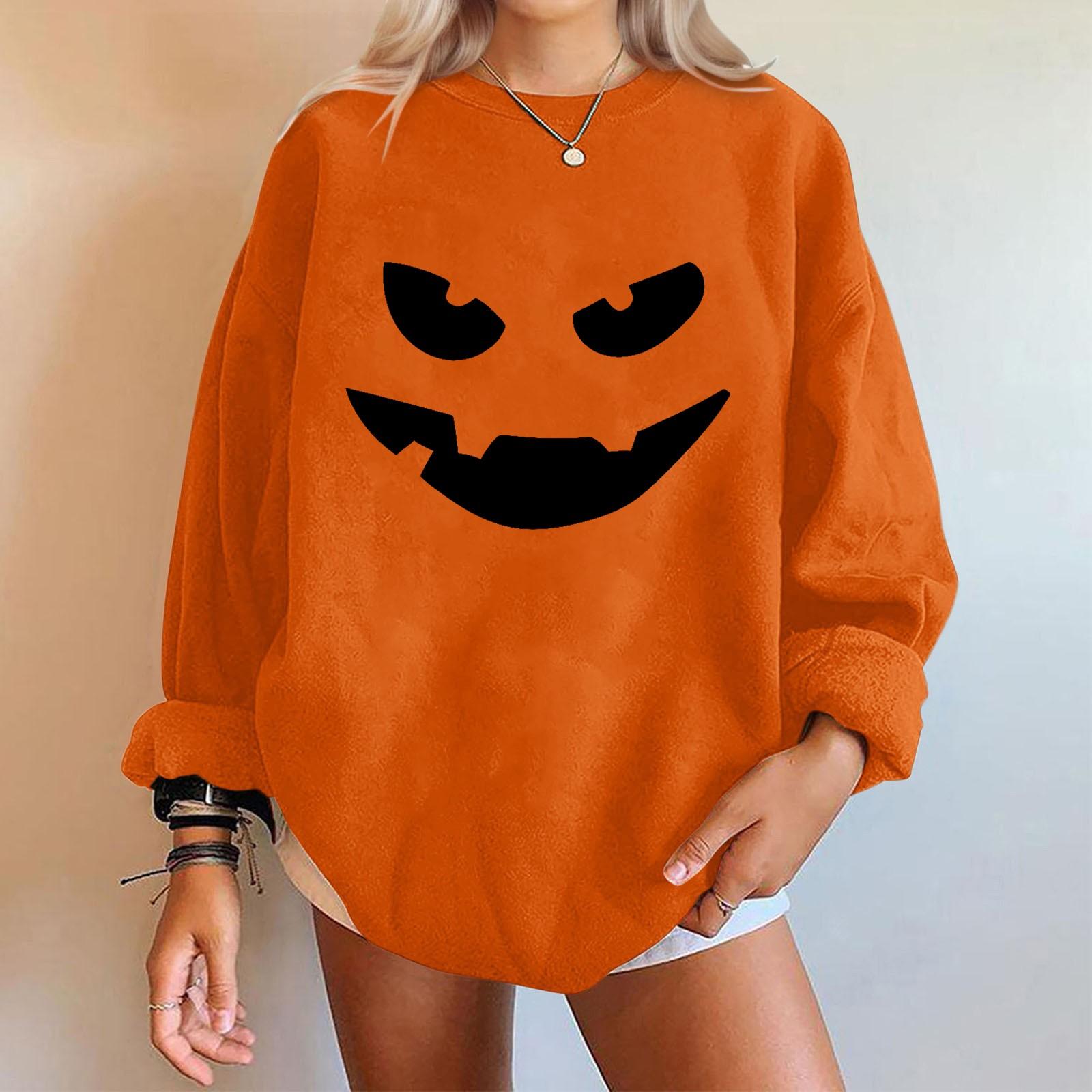 

Женские повседневные модные толстовки с длинным рукавом и круглым вырезом с принтом Хэллоуина, пуловер, топ XL шафрановый