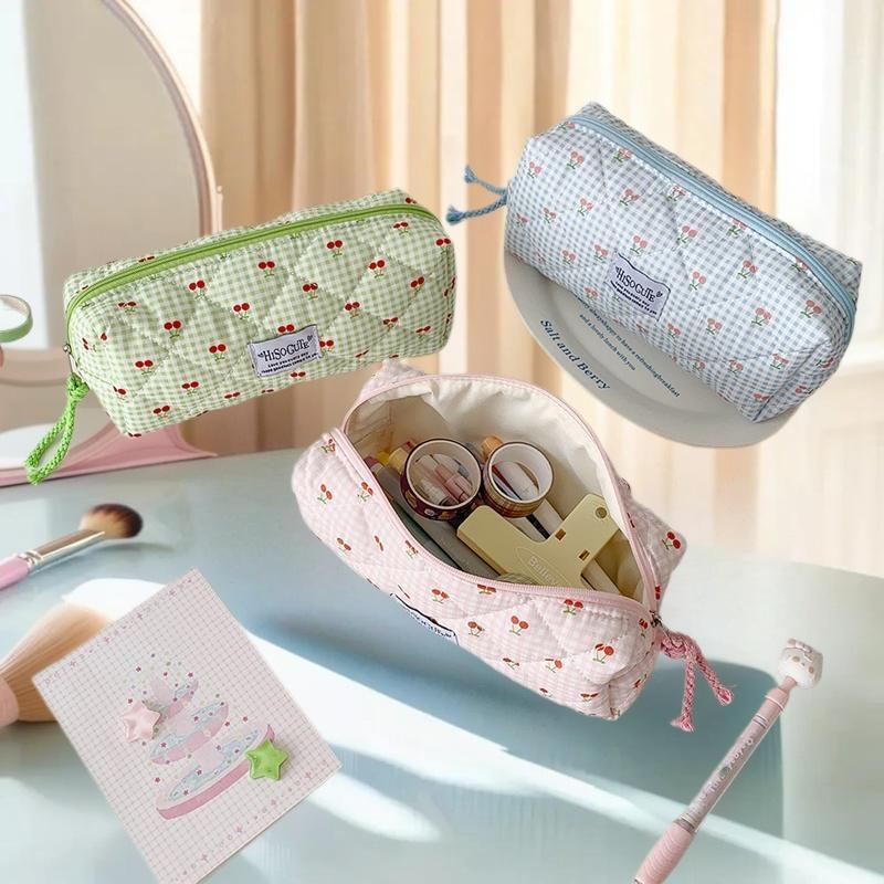 Stylish Cherry Plaid Pencil Case with High Capacity; Trendy Stationery Holder for Students; Women's Cosmetic Bag and Clutch