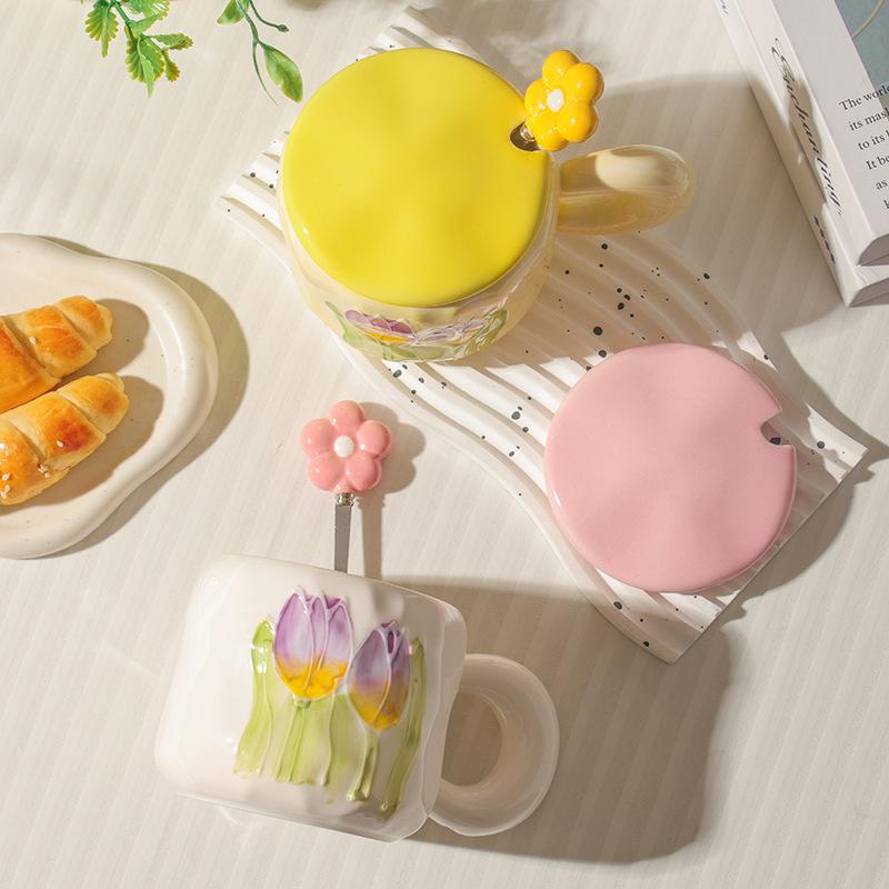 High Value Ins Style Tulip Cup for Girls Cute Ceramic Mug with Lid Spoon Couple Home Coffee Cup