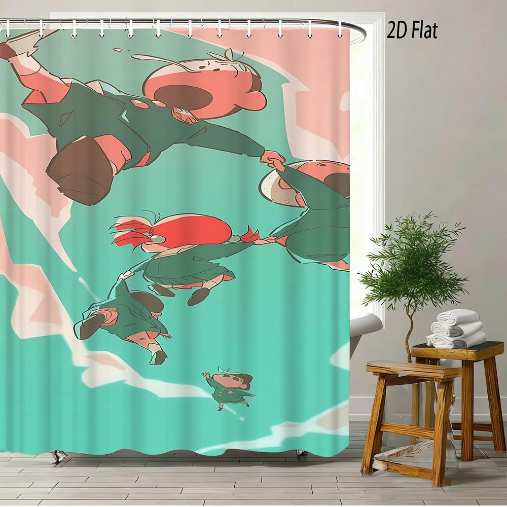 Crayon Shin-Chan & Shiro Checkerboard Pattern With Camera & Radio 2D Print Waterproof Shower Curtain, Yellow & White Bathroom De