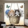 Cute Cat Curtains 2pcs – Kittens in Hanging Plant Pots with Butterflies, Whimsical Garden Art for Bedroom and Living Room Decor