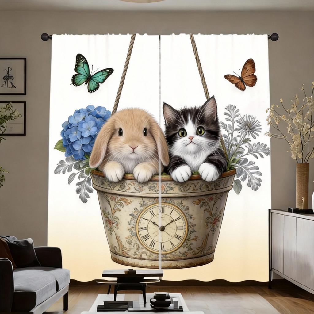 Cute Cat Curtains 2pcs – Kittens in Hanging Plant Pots with Butterflies, Whimsical Garden Art for Bedroom and Living Room Decor