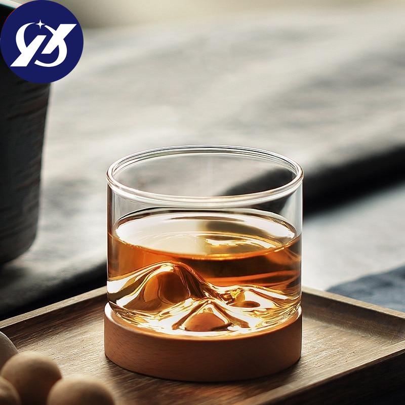 120ML Transparent Mountain W skey Glass with Wooden Base Heat Resistant Beer Glass Wine Water Tea Cup Set Bar Drinkware
